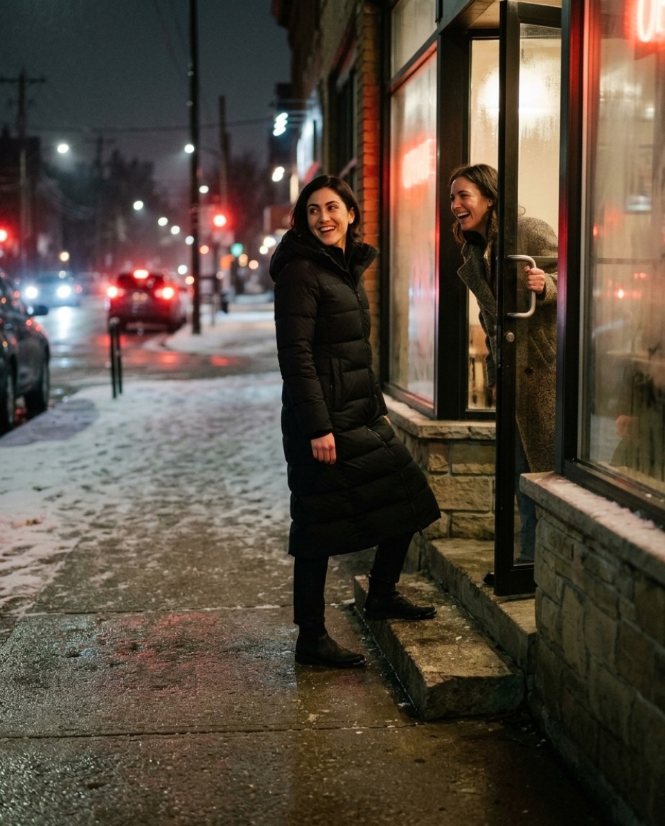 Ad creative rewritten for an evening out: a woman in a long insulated coat meeting friends outside a restaurant in winter
